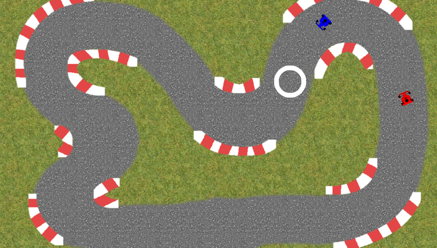 Two cars racing around a 2D track
