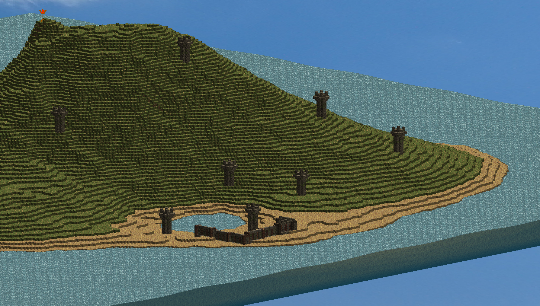Screenshot of procedurally generated island in Voxel-o-Defence